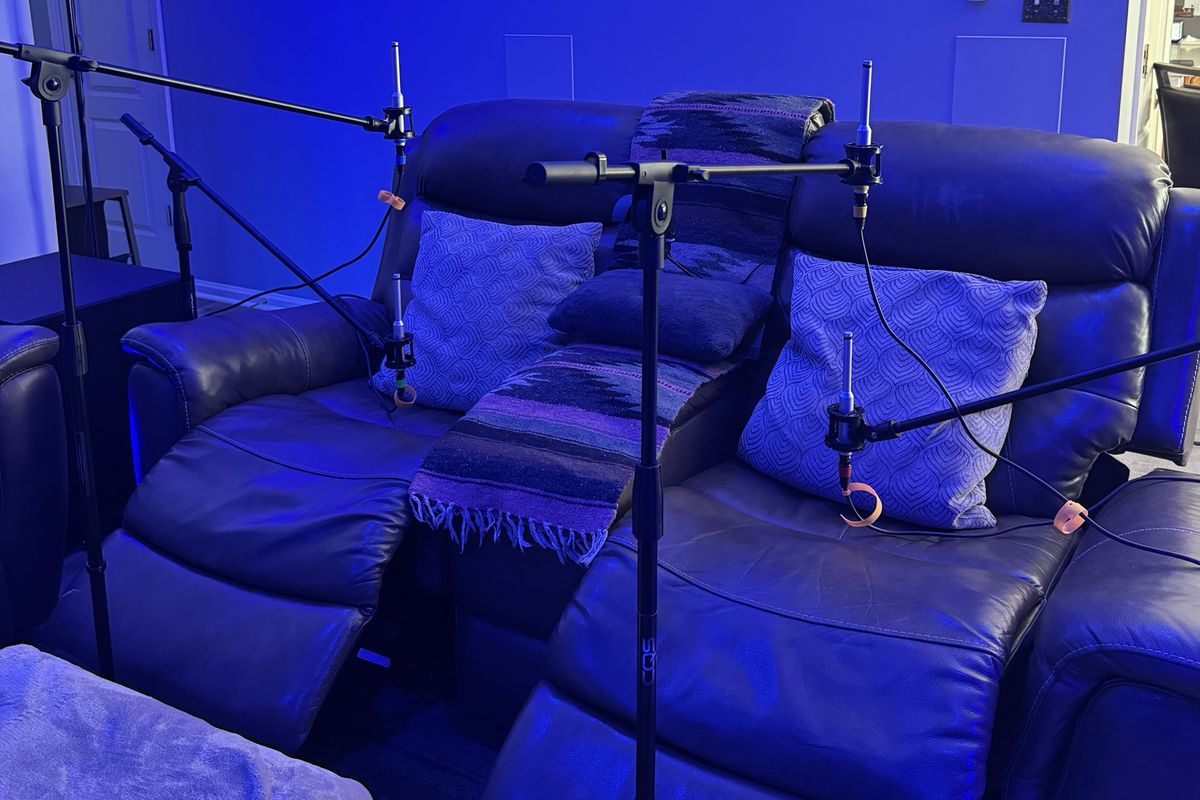 Measurement microphones set up at the main seats in the CQS demonstration room