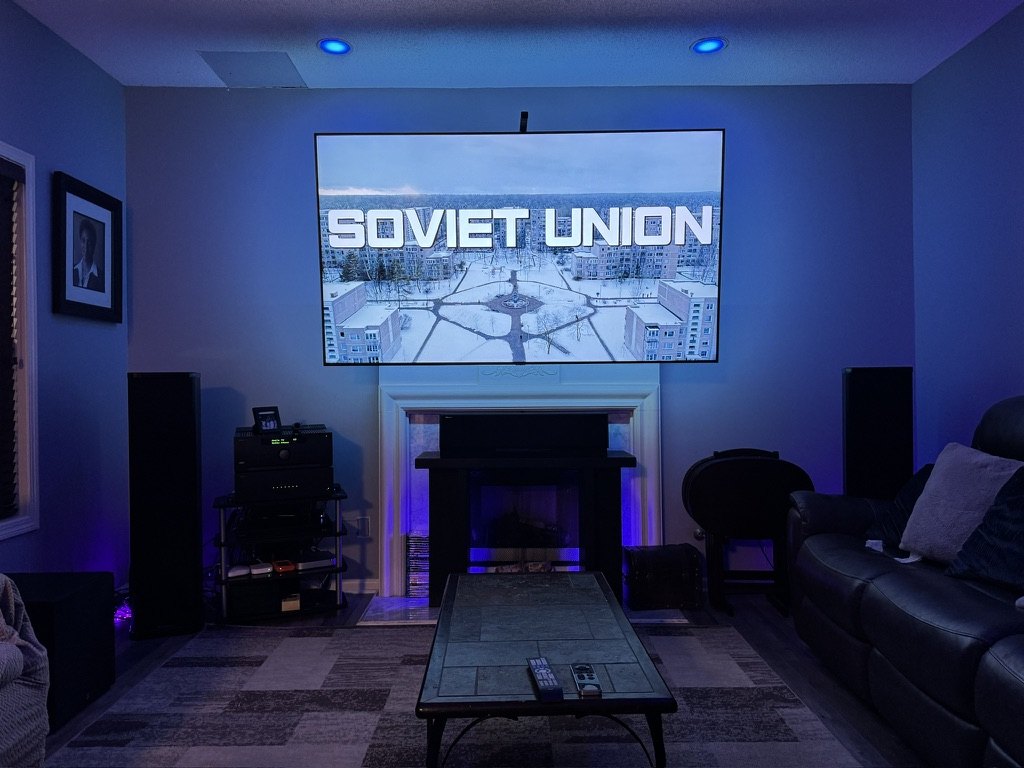 Our home theater, lit for a movie